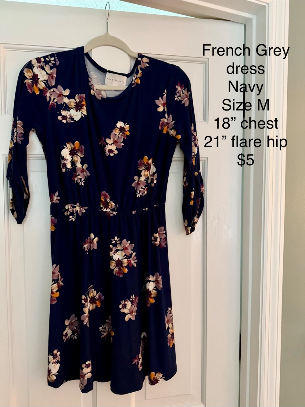 French Grey Navy Floral Long Sleeve Dress
